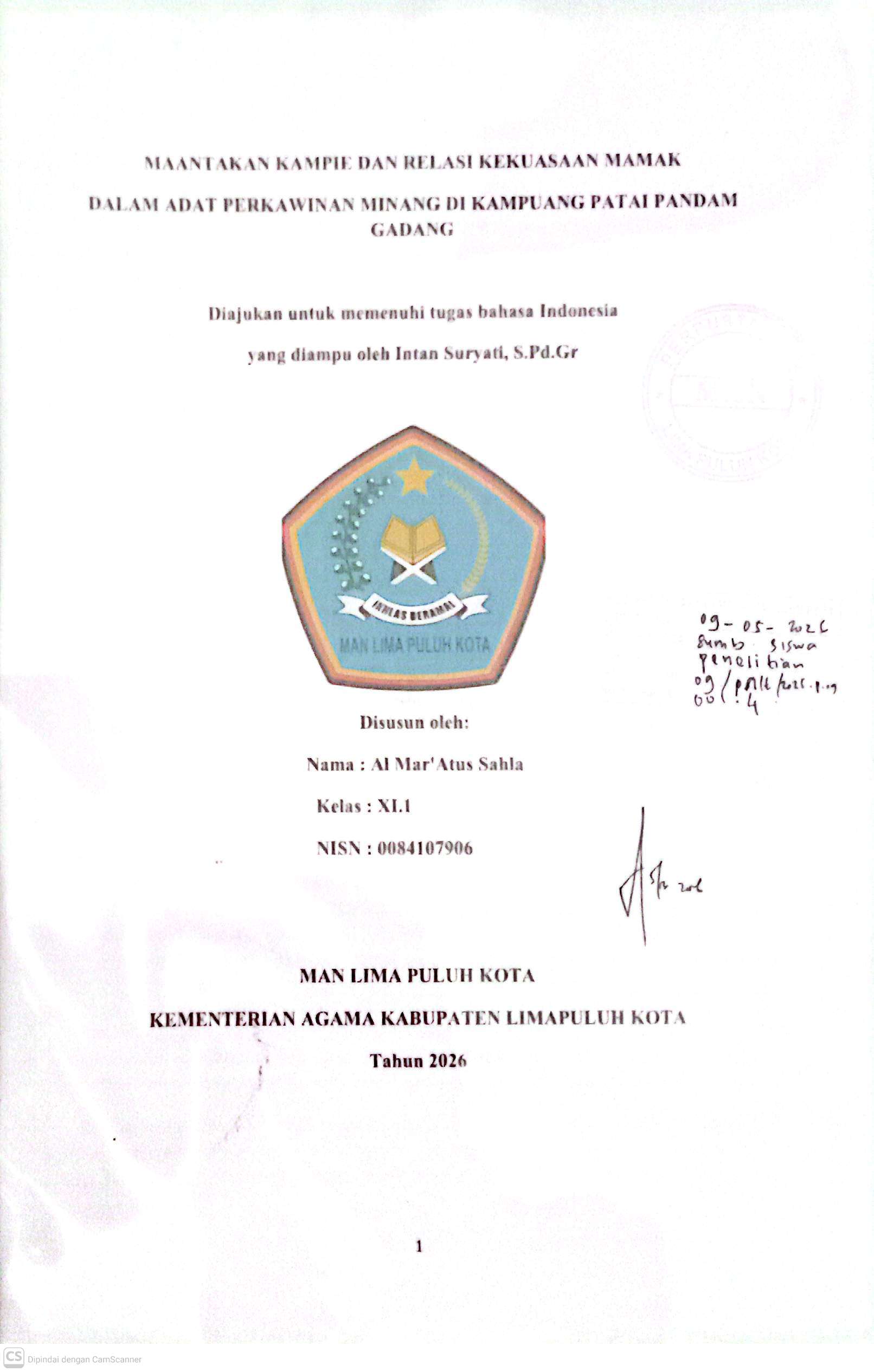 Maantakan Kampie Dan Relasi Kekuasaam Mamak  dalam Adat Perkawinan  Minang di Kampuang patai Pandam  Gadang